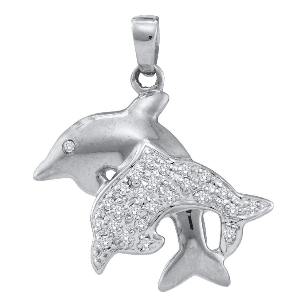 0.13 Ctw Natural Diamond Mother Child Dolphin Pendant in 10k White Gold