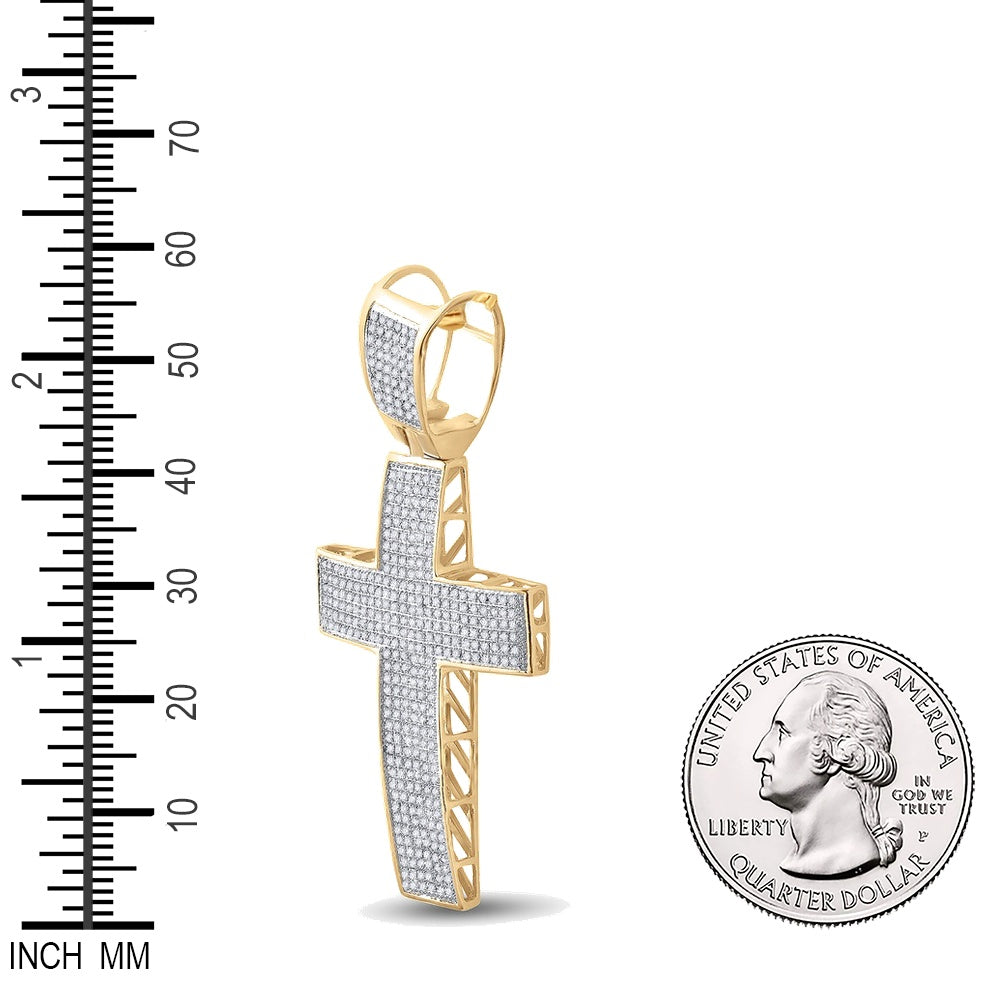 0.95 Ctw Natural Diamond Cluster Cross Religious Charm Pendant in 10k Yellow Gold