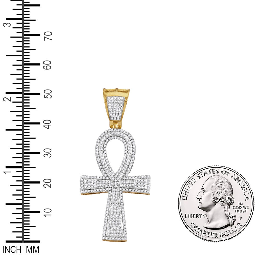 1 Ctw Natural Diamond Ankh Charm Pendant in 10k Yellow Gold