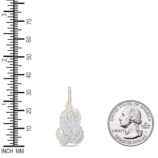0.91 Ctw Natural Diamond Praying Hand Cluster Religious Pendant in 10k Yellow Gold