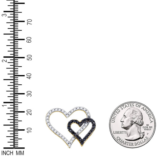0.53 Ctw Natural Diamond White Black Open Double Heart Pendant in 10k Yellow Gold