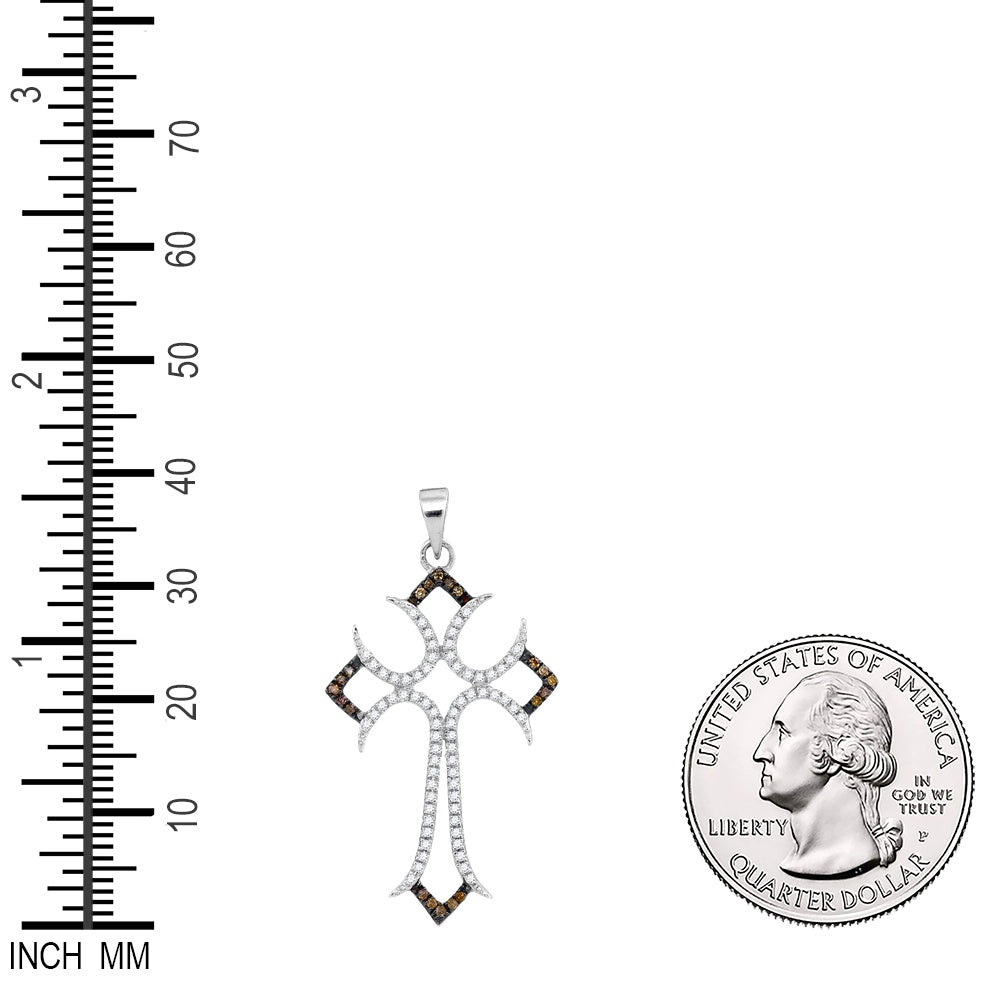 0.25 Ctw Natural Diamond Brown White Cross Religious Pendant in 10k White Gold