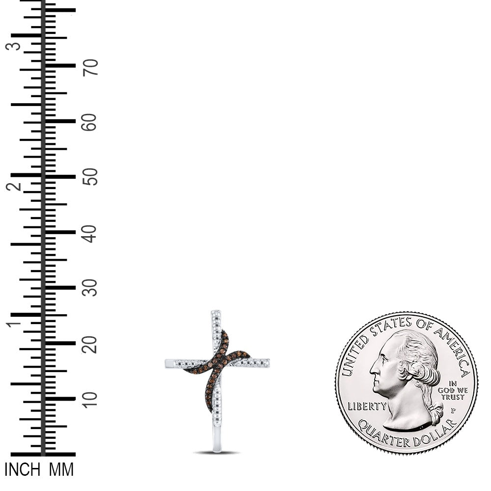 0.12 Ctw Natural Diamond Brown White Cross Pendant in 10k White Gold