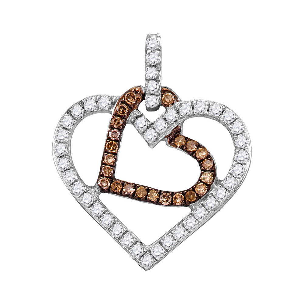 0.3 Ctw Natural Diamond Brown Chocolate 2 Two Double Open Heart Pendant in 10k White Gold