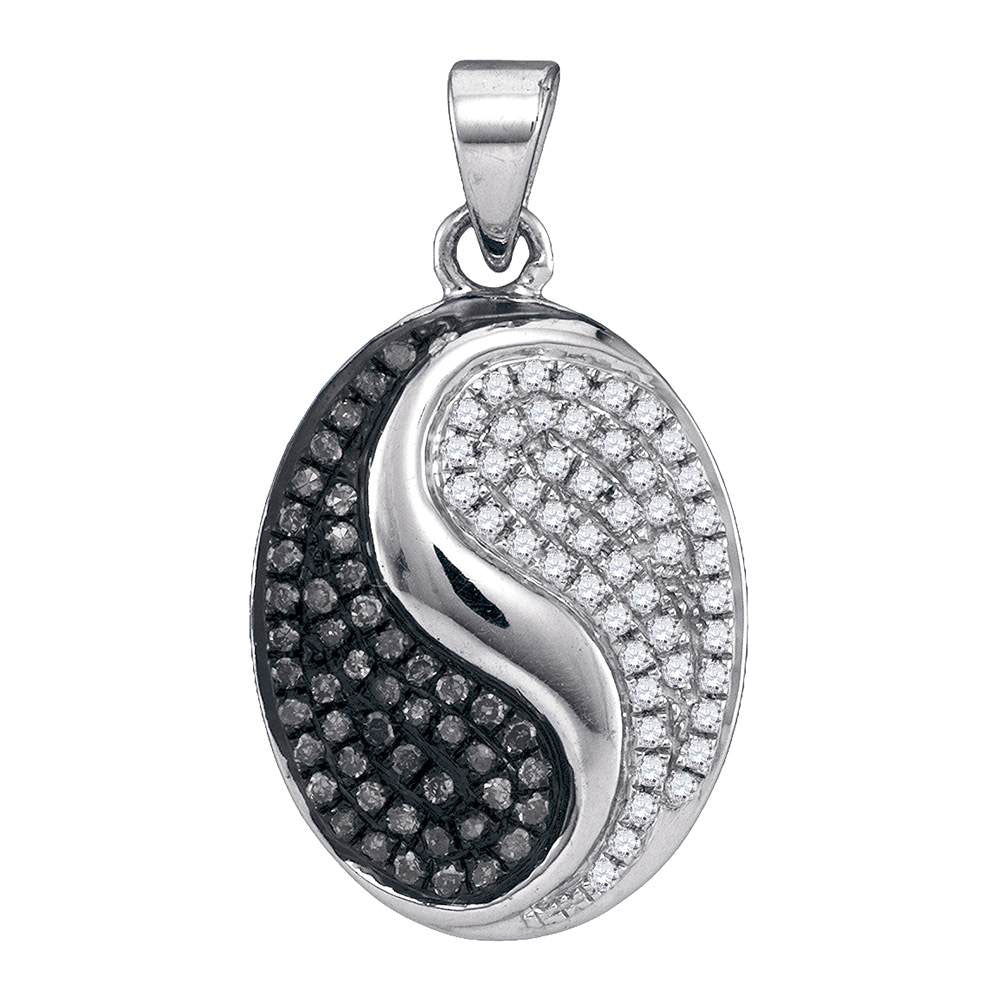 0.33 Ctw Natural Diamond Black and White Oval Ying Yang Pendant in 10k White Gold