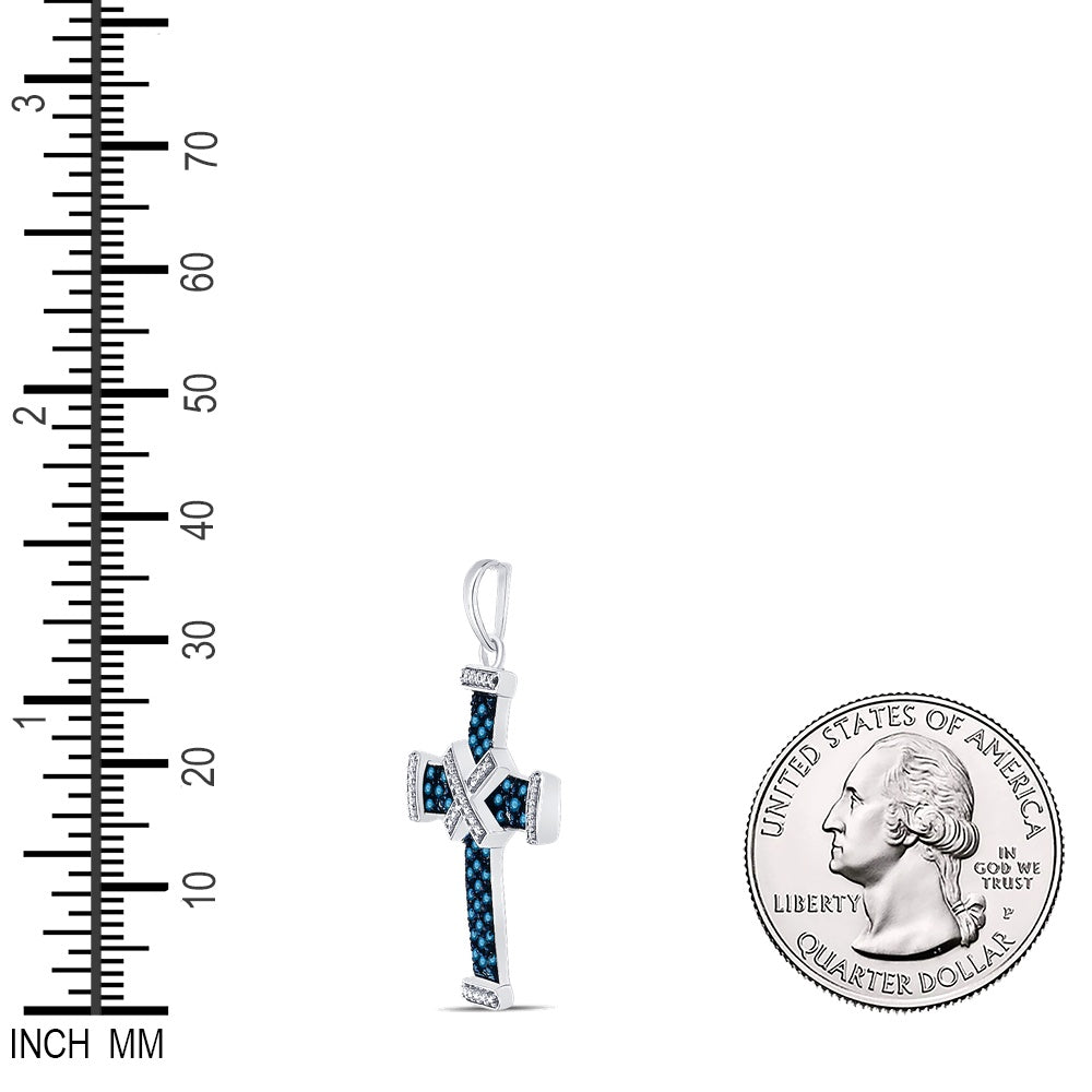 0.25 Ctw Natural Diamond Blue White Cross Religious Pendant in Sterling Silver