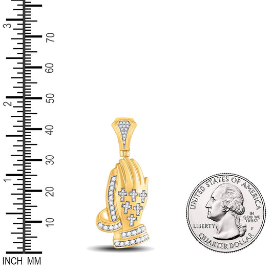 0.62 Ctw Natural Diamond Praying Hands Cross Pendant in 10k Yellow Gold