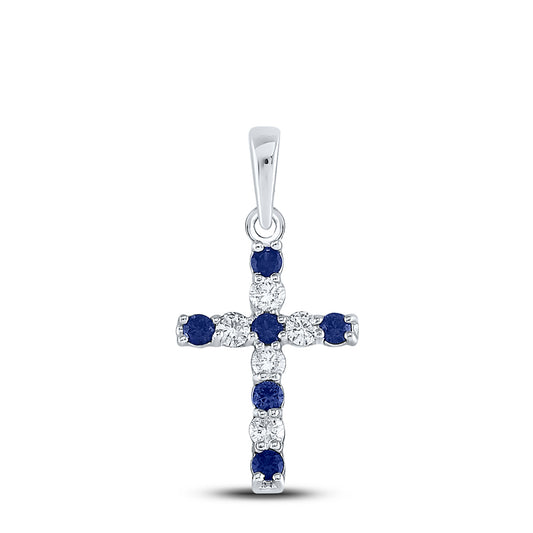 0.36 Ctw Natural Diamond Tennis Blue White Cross Religious Pendant in 10k White Gold