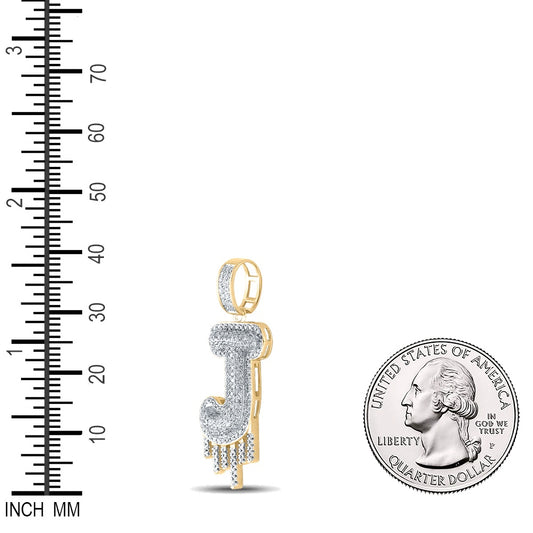 0.65 Ctw Natural Diamond Dripping Initial Letter Alphabet J Pendant in 10k Yellow Gold
