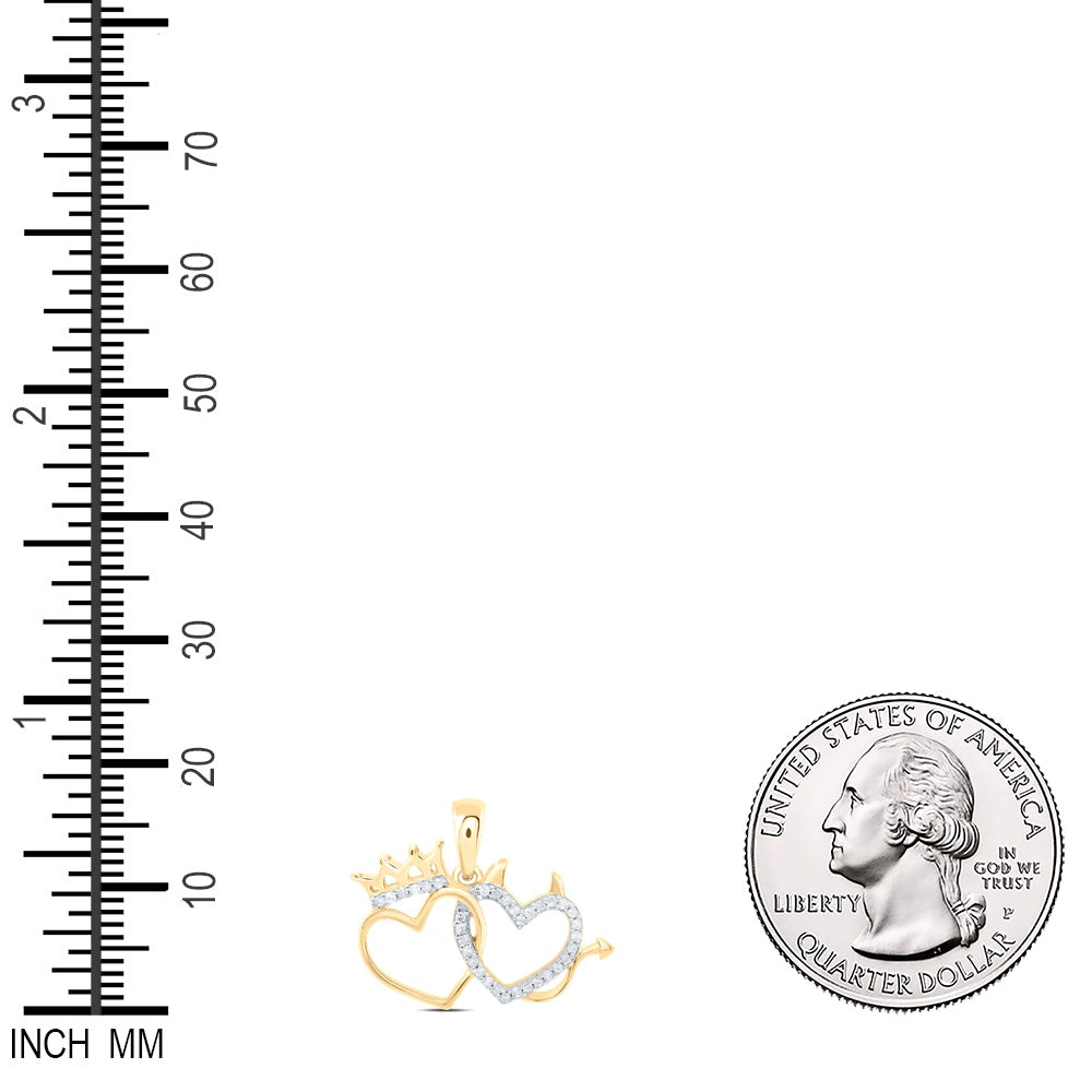 0.15 Ctw Natural Diamond Crown And Devil Double Heart Pendant in 10k Yellow Gold