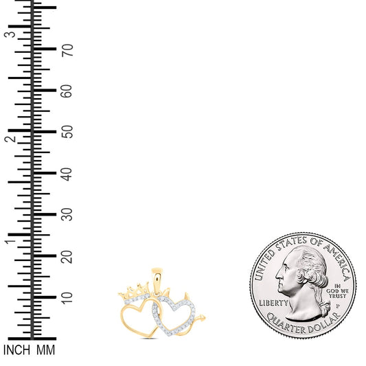 0.15 Ctw Natural Diamond Crown And Devil Double Heart Pendant in 10k Yellow Gold