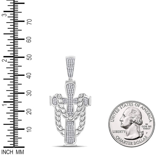 0.43 Ctw Natural Diamond Curb Link Chain Hang Cross Pendant in 10k White Gold