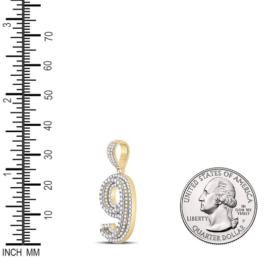 1.64 Ctw Natural Diamond Block Number 9 Nine Pendant in 10k Yellow Gold