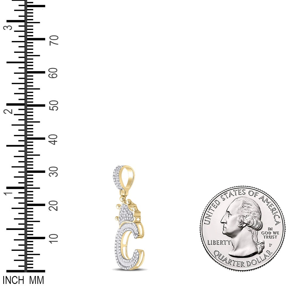 0.65 Ctw Natural Diamond Crown Initial Letter Alphabet C Pendant in 10k Yellow Gold