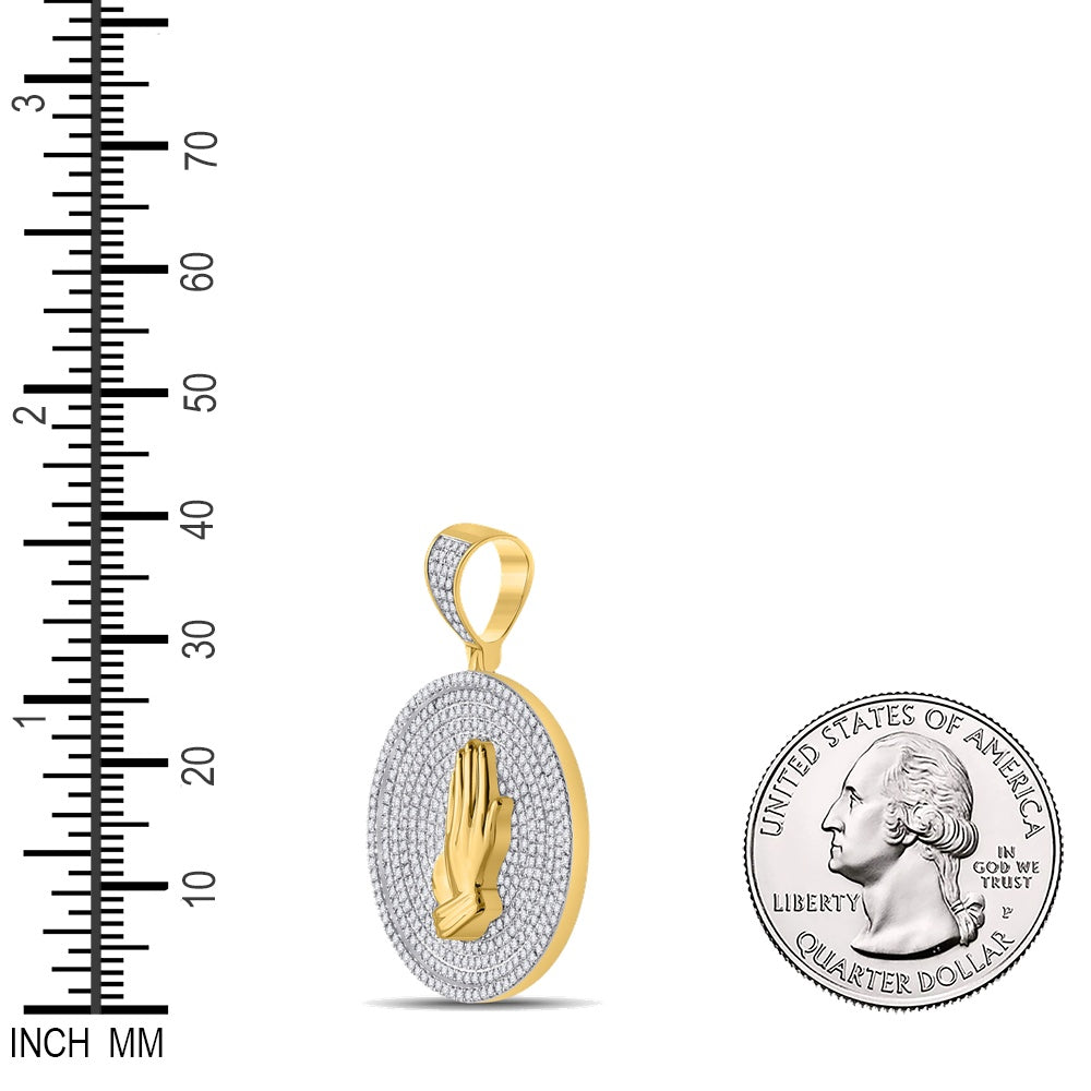 1 Ctw Natural Diamond Praying Hands Medallion Pendant in 10k Yellow Gold