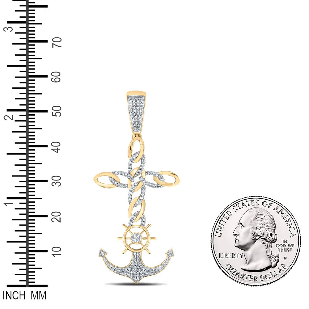 0.4 Ctw Natural Diamond Cross Anchor Sailing Wheel Nautical Pendant in 10k Yellow Gold