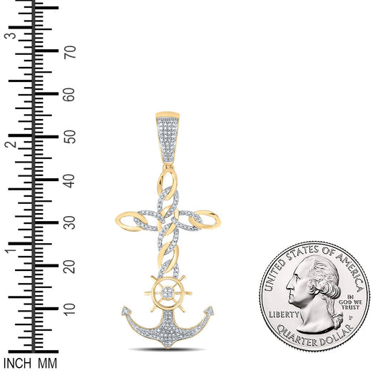 0.4 Ctw Natural Diamond Cross Anchor Sailing Wheel Nautical Pendant in 10k Yellow Gold