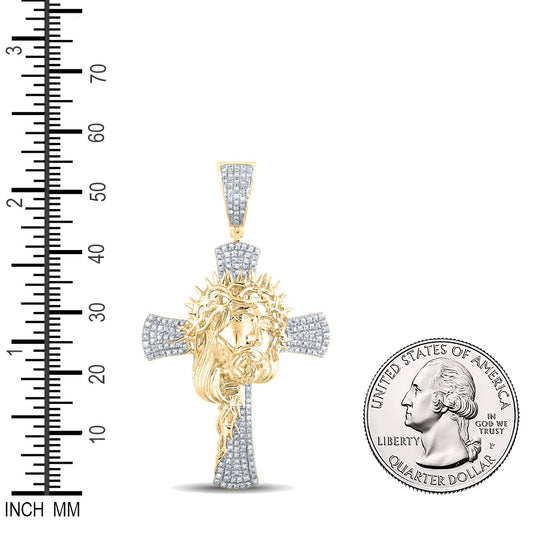 0.45 Ctw Natural Diamond Cross Jesus Face Head Crucifix Pendant in 10k Yellow Gold