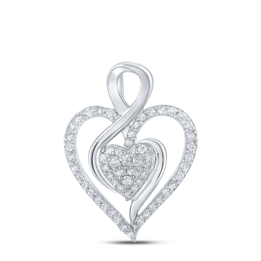 0.25 Ctw Natural Diamond Double Open Heart Pendant in 10k White Gold
