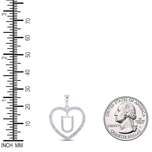 0.25 Ctw Natural Diamond Heart Dangle Initial Letter U Pendant in 10k White Gold