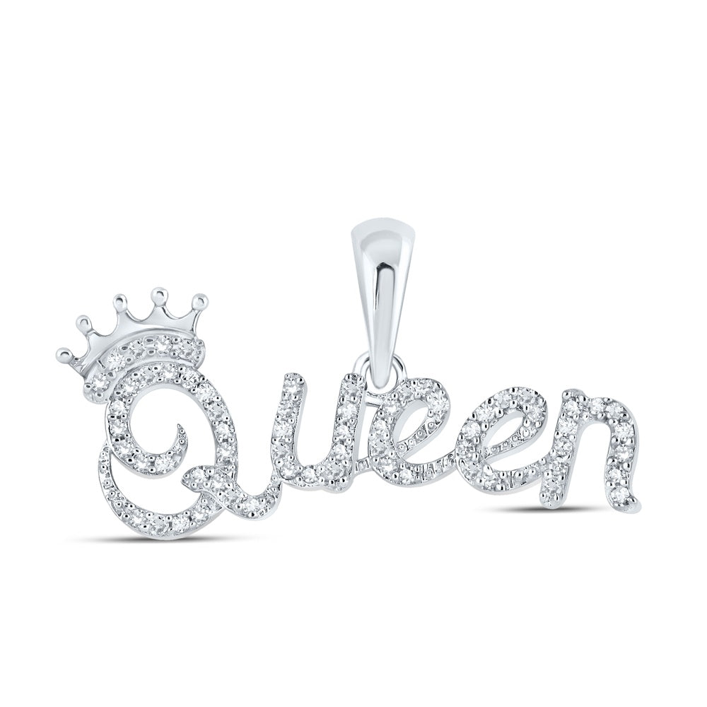0.16 Ctw Natural Diamond Crown Queen Nameplate Hiphop Pendant in 10k White Gold