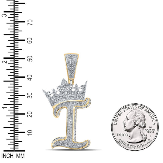 1.35 Ctw Natural Diamond Crown Initial Letter Alphabet I Pendant in 10k Two-tone Gold