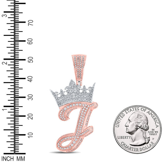 1.27 Ctw Natural Diamond Crown Initial Letter Alphabet J Pendant in 10k Two-tone Gold