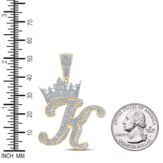 1.94 Ctw Natural Diamond Crown Initial Letter Alphabet K Pendant in 10k Two-tone Gold