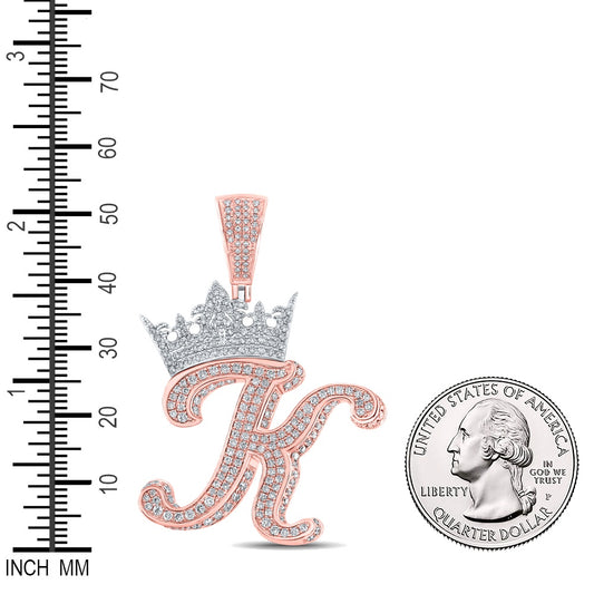 1.85 Ctw Natural Diamond Crown Initial Letter Alphabet K Pendant in 10k Two-tone Gold