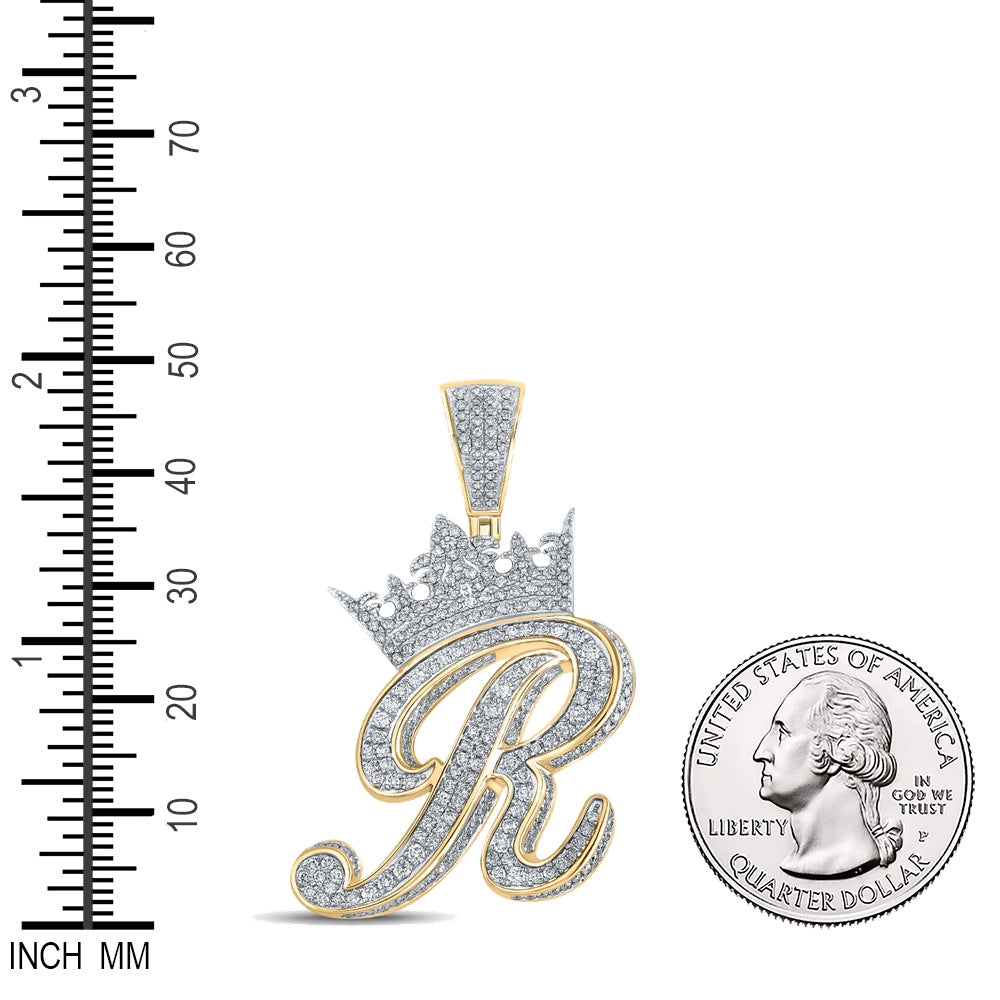 1.89 Ctw Natural Diamond Crown Initial Letter Alphabet R Pendant in 10k Two-tone Gold