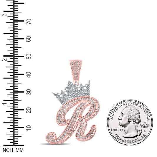 1.89 Ctw Natural Diamond Crown Initial Letter Alphabet R Pendant in 10k Two-tone Gold