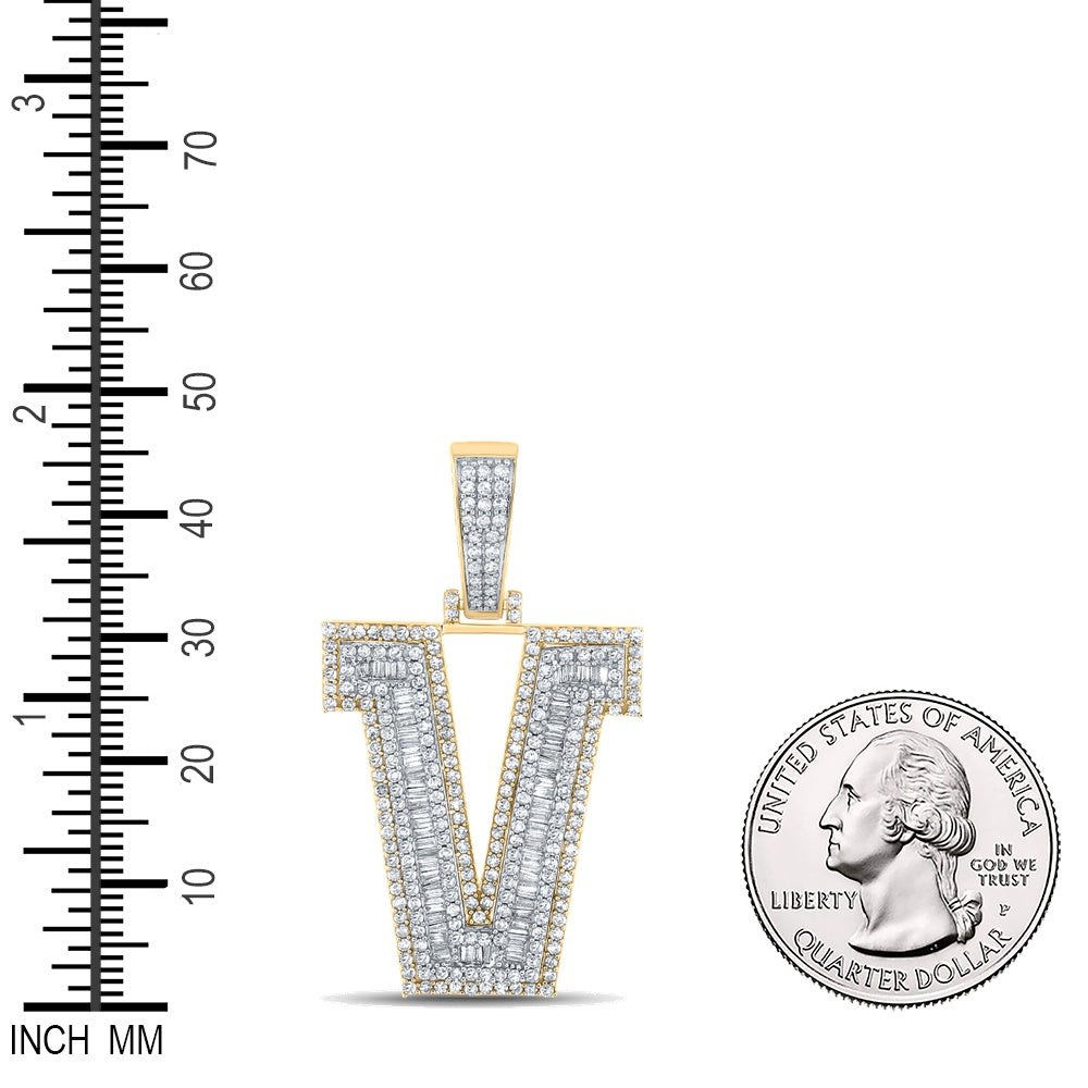 1.95 Ctw Natural Diamond Block Letter Initial Alphabet V Pendant in 10k Two-tone Gold