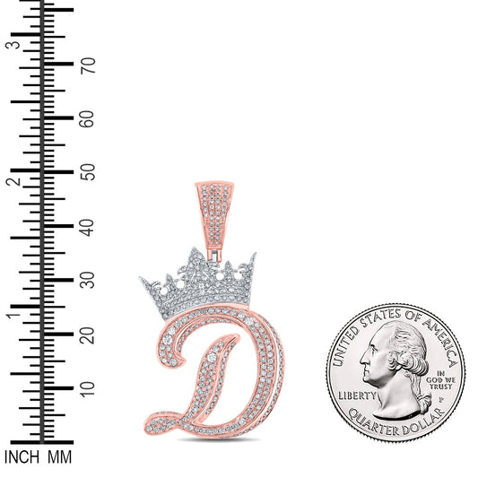 1.59 Ctw Natural Diamond Crown Initial Letter Alphabet D Pendant in 10k Two-tone Gold