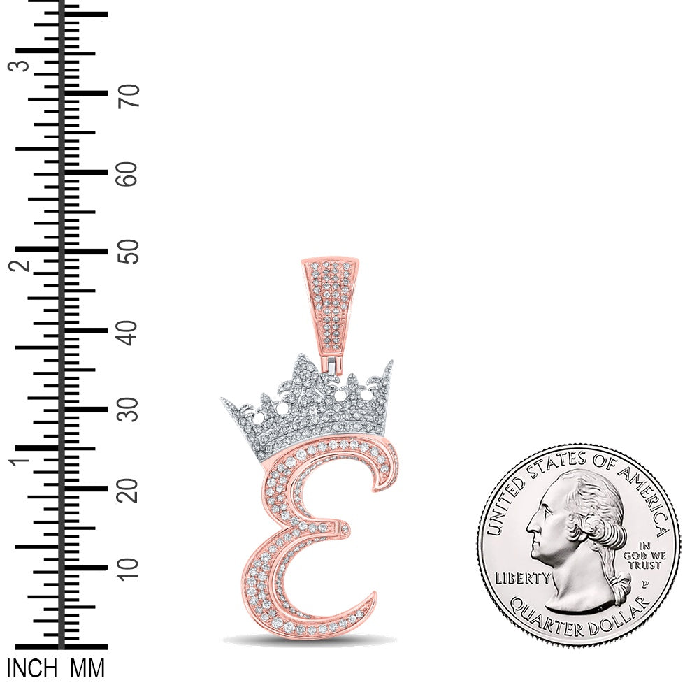 1.18 Ctw Natural Diamond Crown Initial Letter Alphabet E Pendant in 10k Two-tone Gold