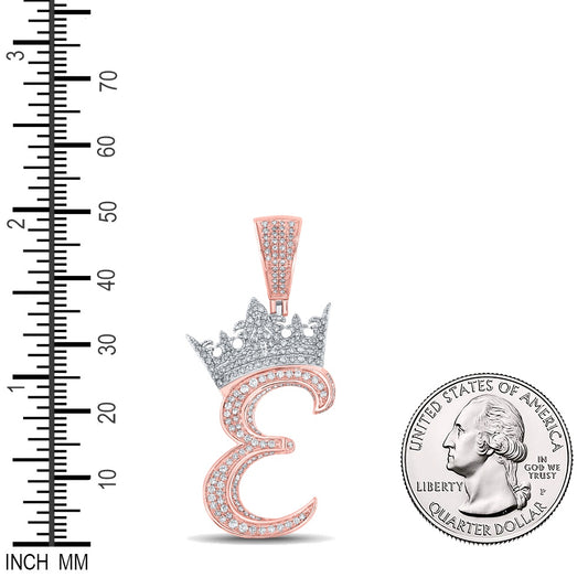 1.18 Ctw Natural Diamond Crown Initial Letter Alphabet E Pendant in 10k Two-tone Gold