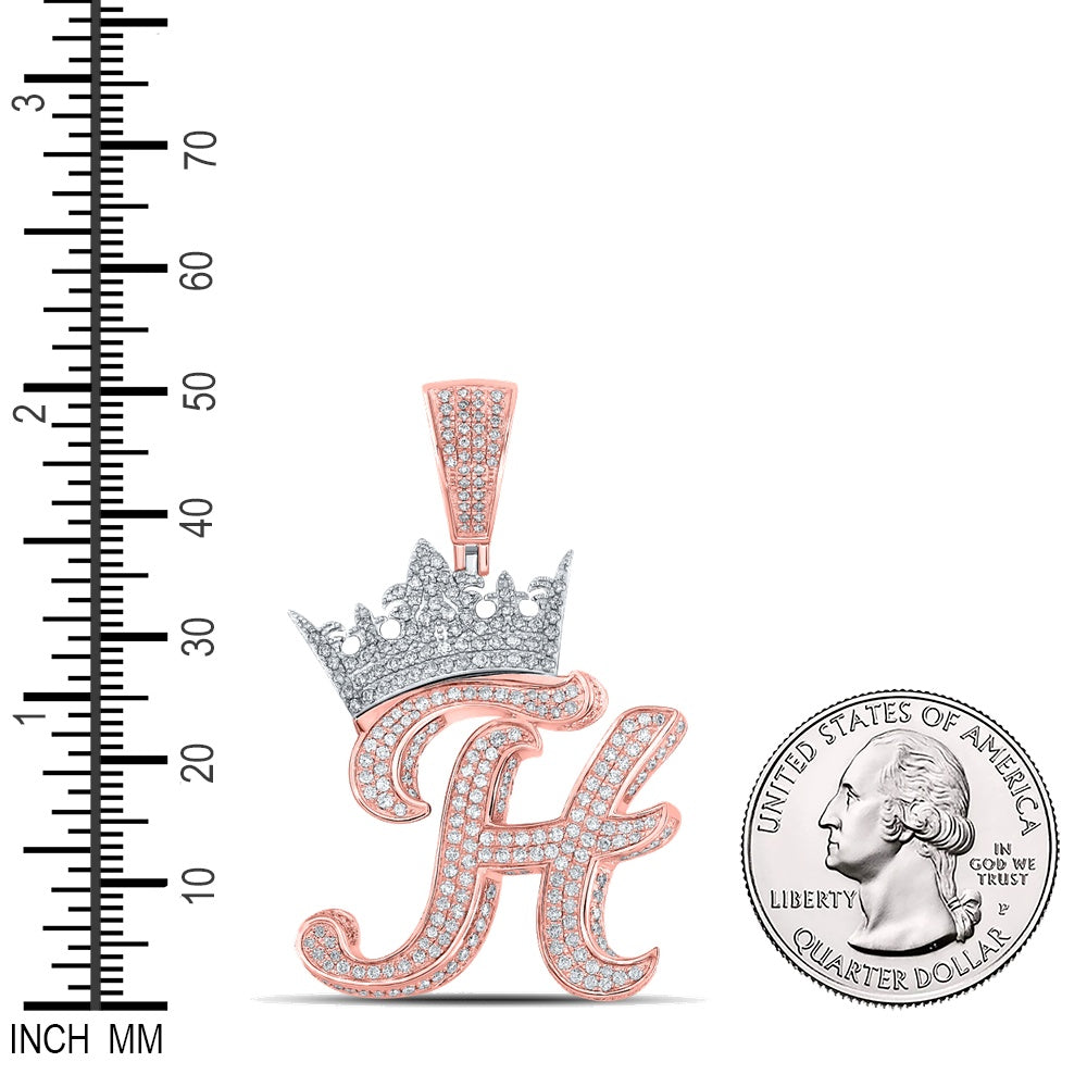 1.91 Ctw Natural Diamond Crown Initial Letter Alphabet H Pendant in 10k Two-tone Gold