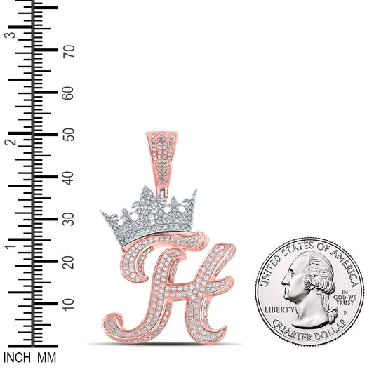 1.91 Ctw Natural Diamond Crown Initial Letter Alphabet H Pendant in 10k Two-tone Gold