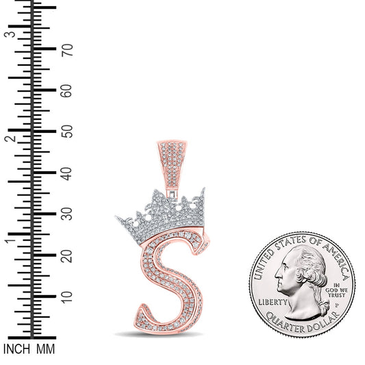1.2 Ctw Natural Diamond Crown Initial Letter Alphabet S Pendant in 10k Two-tone Gold