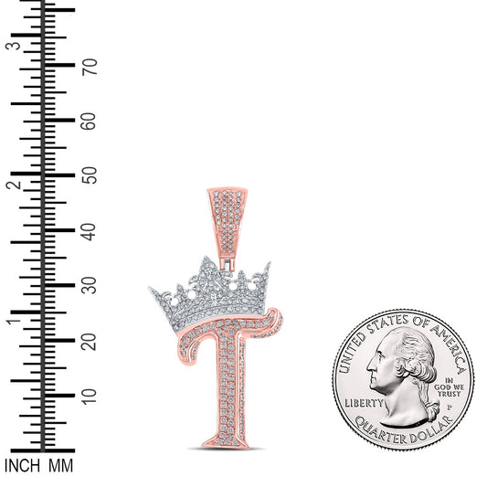 1 Ctw Natural Diamond Crown Initial Letter Alphabet T Pendant in 10k Two-tone Gold