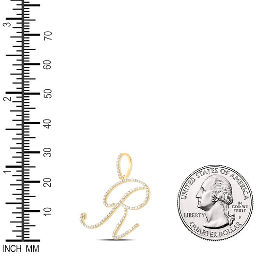 0.61 Ctw Natural Diamond Cursive Initial Letter R Pendant in 10k Yellow Gold