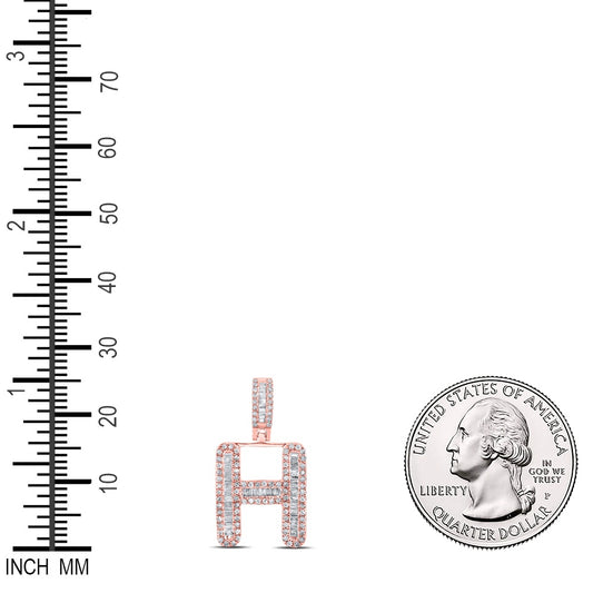 0.46 Ctw Natural Diamond Baguette Initial letter H Pendant in 10k Rose Gold