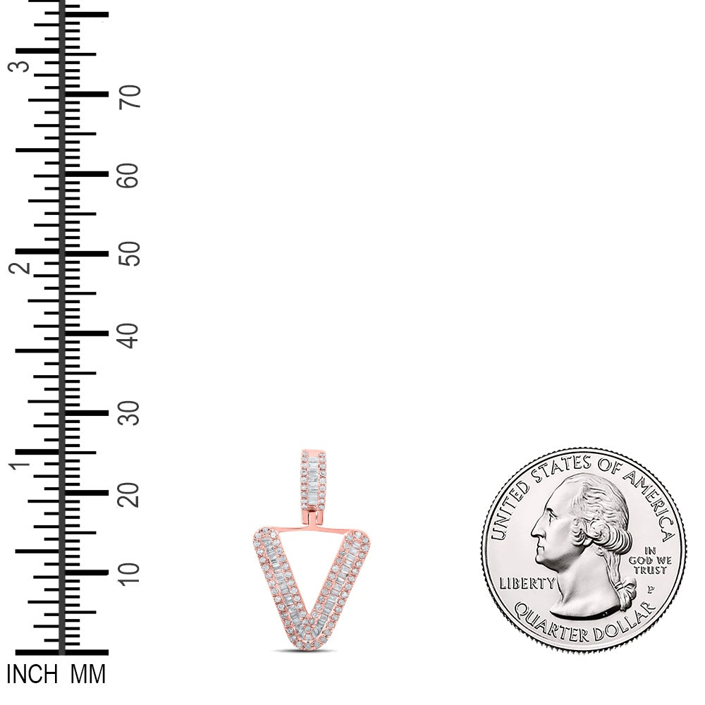 0.39 Ctw Natural Diamond Baguette Initial letter V Pendant in 10k Rose Gold