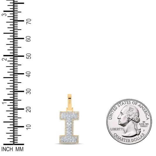 0.41 Ctw Natural Diamond Baguette Block Initial Letter I Pendant in 10k Yellow Gold