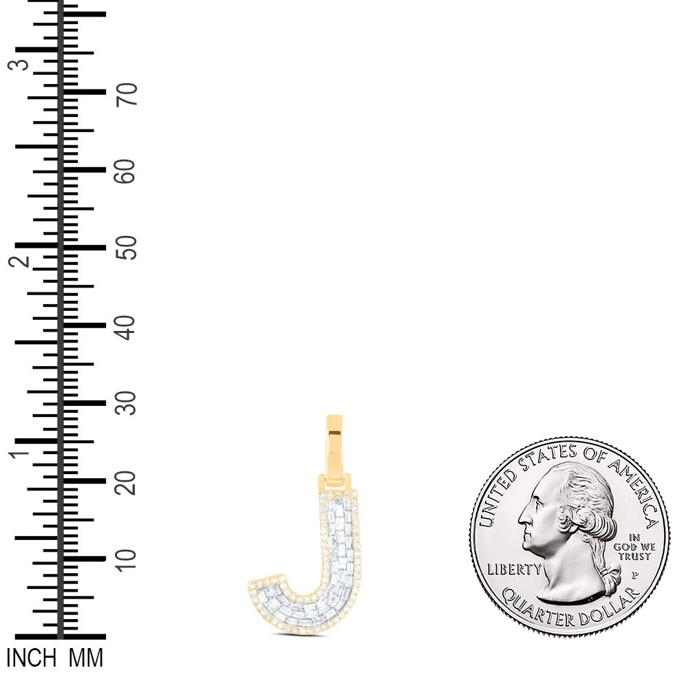 0.35 Ctw Natural Diamond Baguette Block Initial Letter J Pendant in 10k Yellow Gold