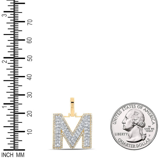 0.77 Ctw Natural Diamond Baguette Block Initial Letter M Pendant in 10k Yellow Gold