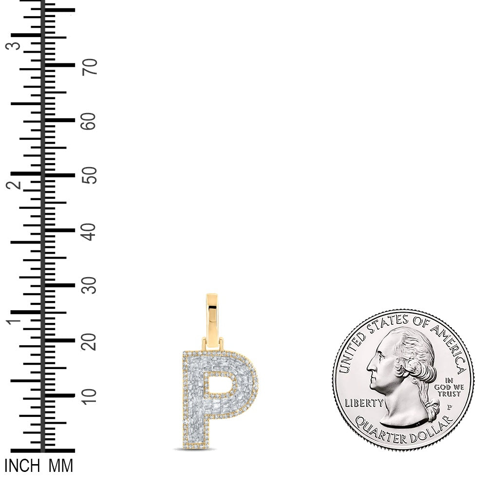 0.48 Ctw Natural Diamond Baguette Block Initial Letter P Pendant in 10k Yellow Gold