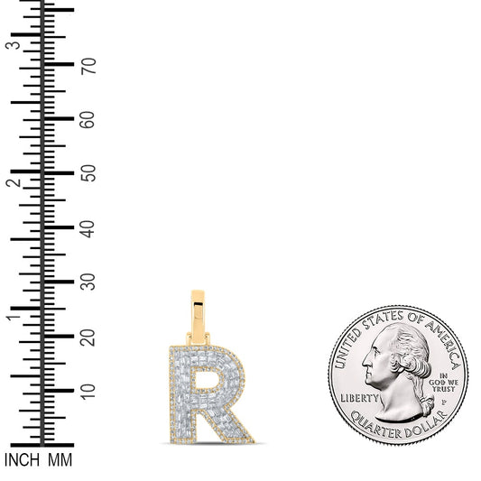 0.6 Ctw Natural Diamond Baguette Block Initial Letter R Pendant in 10k Yellow Gold