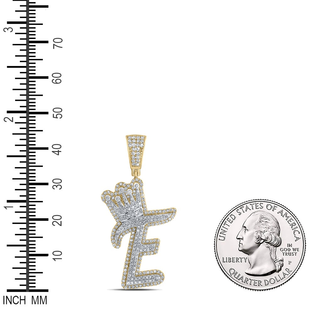 1.19 Ctw Natural Diamond Crown Initial Letter Alphabet E Pendant in 10k Yellow Gold