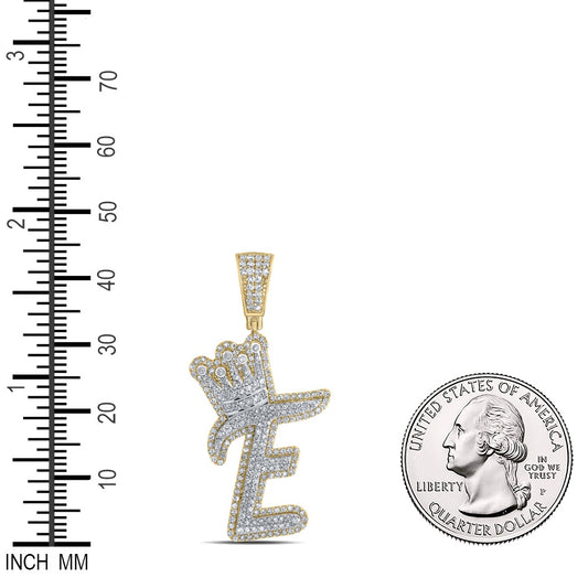 1.19 Ctw Natural Diamond Crown Initial Letter Alphabet E Pendant in 10k Yellow Gold