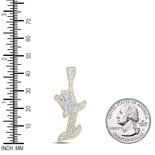 1.1 Ctw Natural Diamond Crown Initial Letter Alphabet I Pendant in 10k Yellow Gold